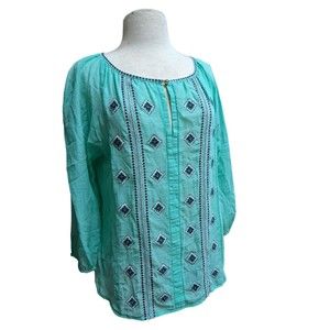 Tory Burch Lucille Women's Top Blouse Size 8 Green Embroidered Beaded Tunic
